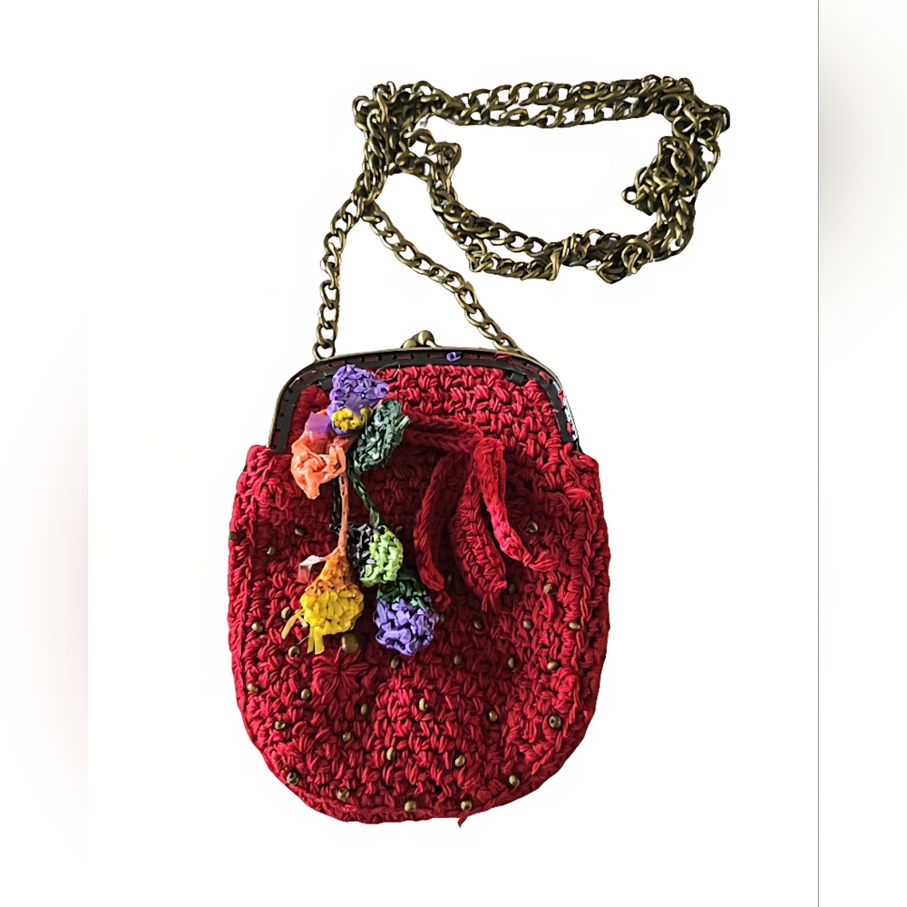 DEUX LUX Crochet Handbag Red Knit Yarn Flowers Detail Shoulder Purse Gold Chain